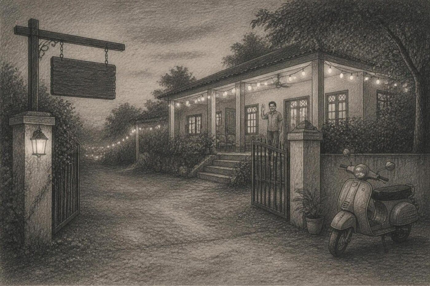 Pencil sketch of a guest house gate at dusk with string lights