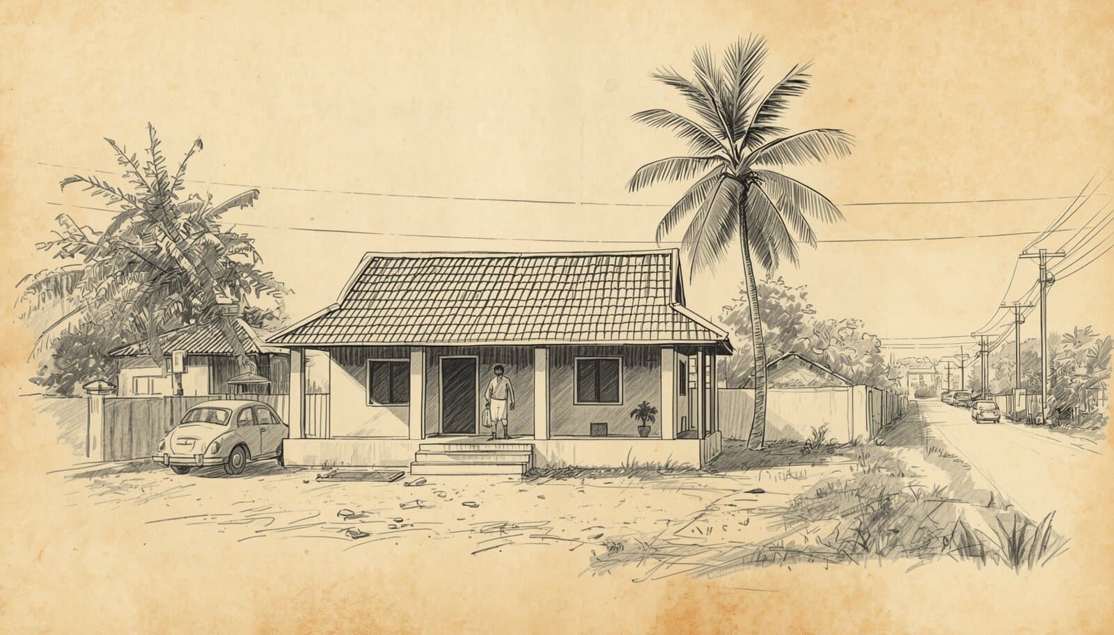 Pencil sketch of a Kerala guest house with palm trees and a car in the yard
