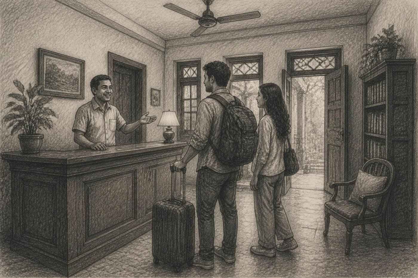 Pencil sketch of a guest house reception, staff greeting arriving guests